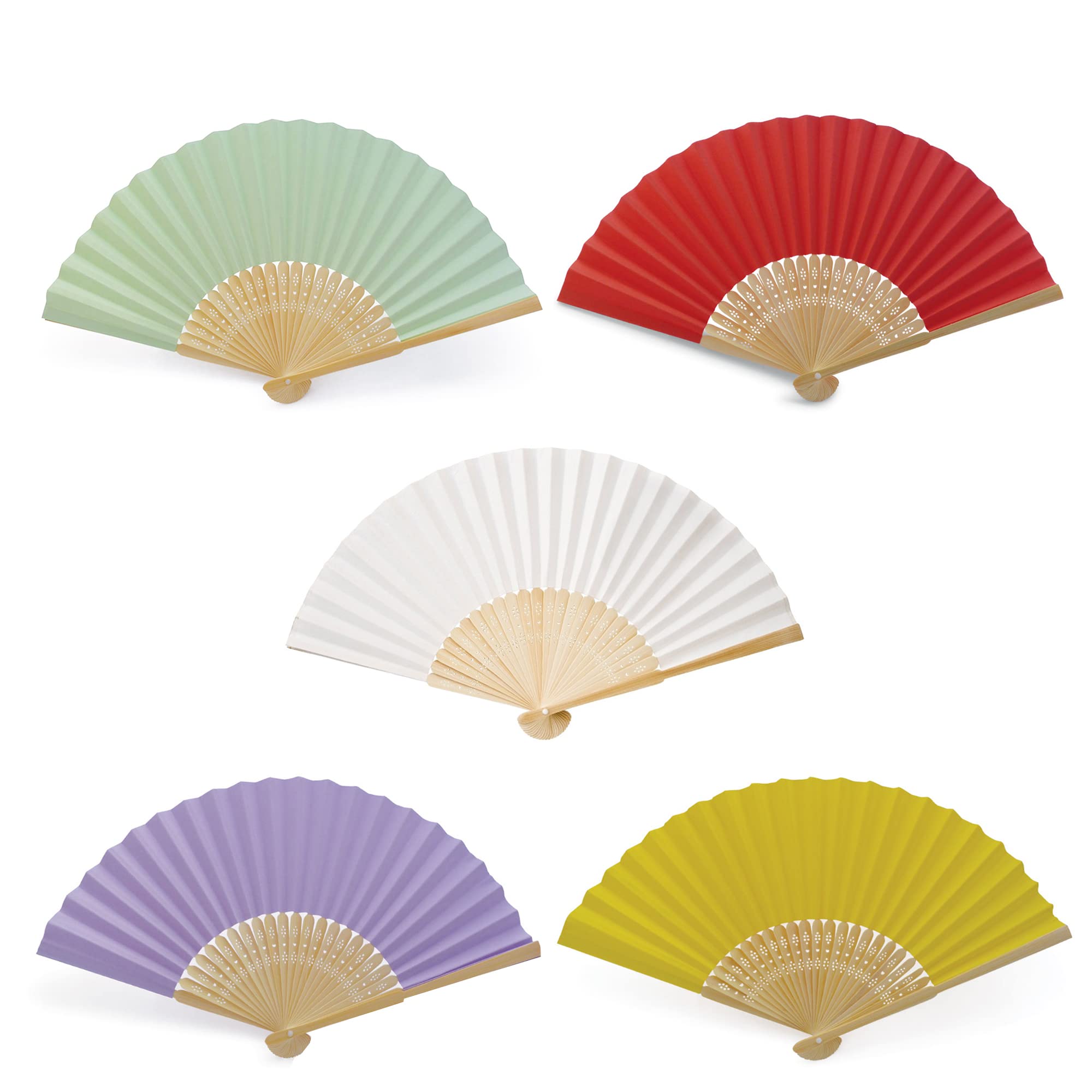 OLILLY - 50 Multicoloured Paper and Bamboo Fans for Guests - White, Green, Red, Lavender and Yellow - Wedding, Party, Outdoor Event... (Multicoloured, 50 Fans)