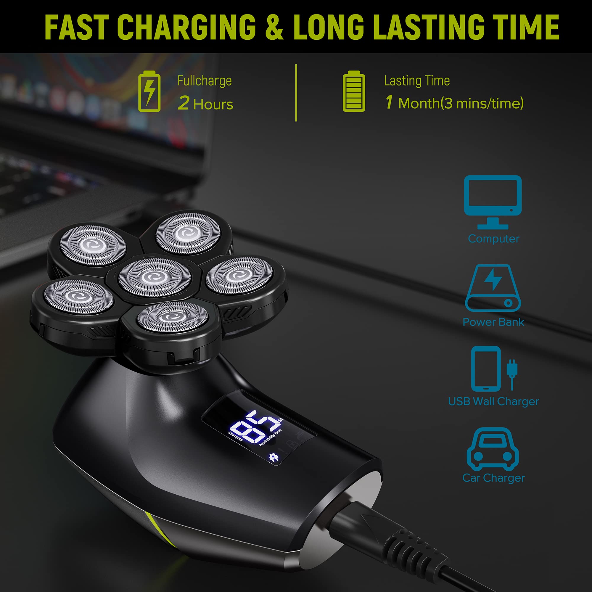 Telfun 6D Head Shavers for Bald Men With Travel Case, Anti-Pinch Electric Razor, 5-in-1 Grooming Kit With Nose & Ear Trimmer, Beard Trimmer, Waterproof Wet/Dry, LED Display