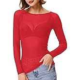 Kate Kasin Women's Basic Long Sleeves Mesh Sheer Tops