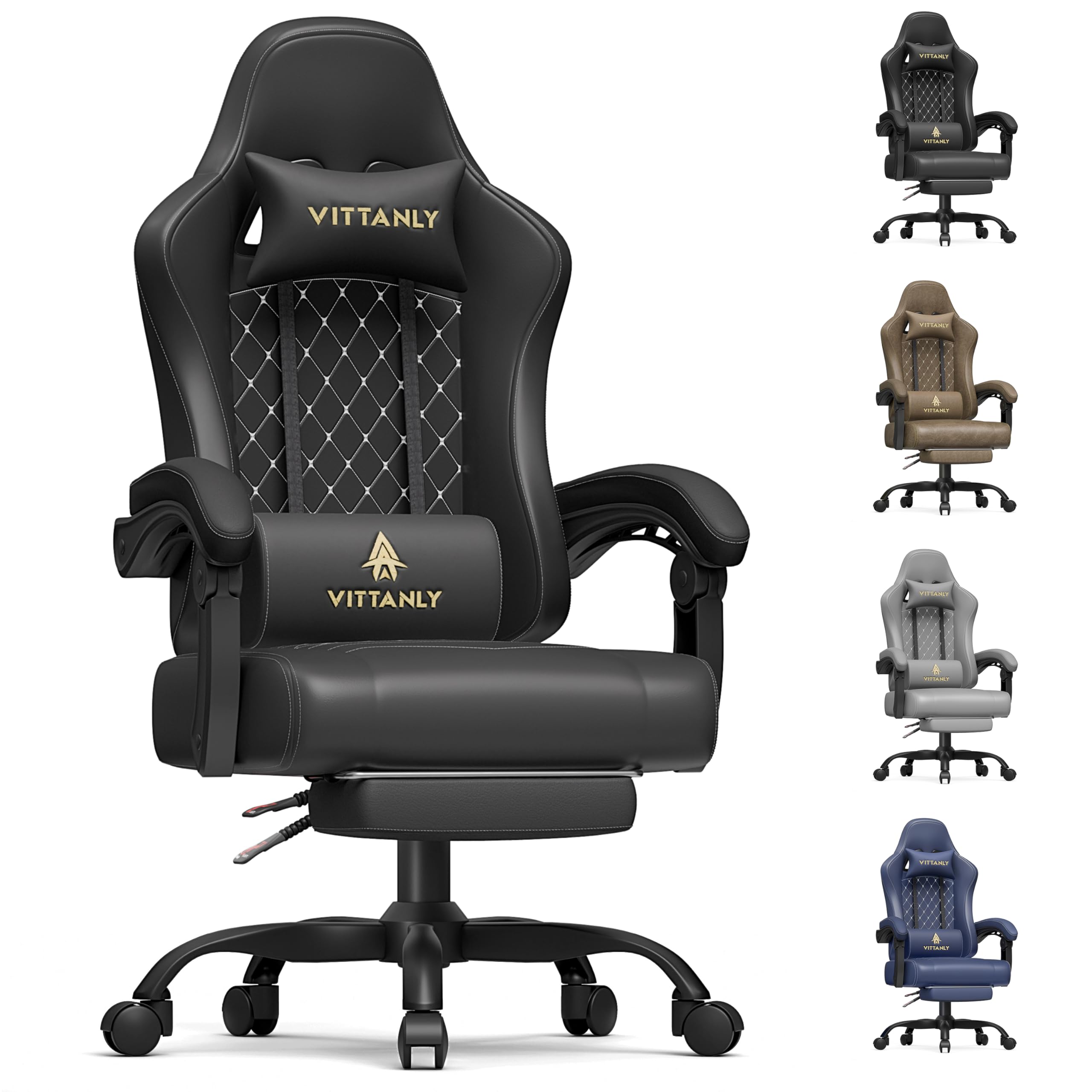 Vittanly Gaming Stuhl mit Frühling Kissen, Ergonomischer Gaming Chair Gamer Stuhl mit Kopfstütze, Lendenkissen und Fußstütze, Höhenverstellbarer Drehbarer Gaming Sessel Bürostuhl 150 kg, Schwarz