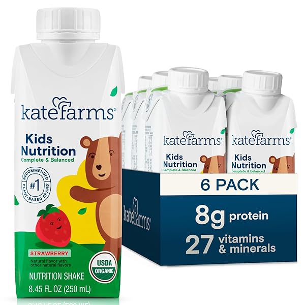 KATE FARMS ORGANIC KIDS NUTRITION STRAWBERRY SHAKE, 8G PROTEIN, 27 VITAMINS AND MINERALS, MEAL REPLACEMENT, GLUTEN FREE, NON-GMO, 8.45 OZ (6 PACK)