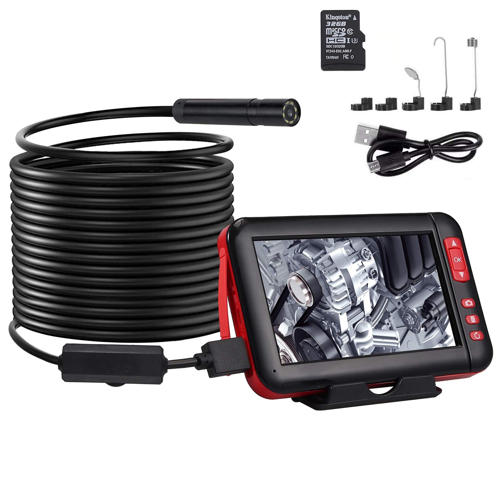Neoteck Industrial Endoscope - HD 4.3 Inch 1080P LCD Monitor Screen - 5m Waterproof Flexible Snake Inspection Camera with 32G Memory Card
