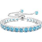 Cacupol Adjustable Birthstone Gem (4mm Round) Tennis Bracelet for Women, 925 Sterling Silver Plated with White Gold Chain