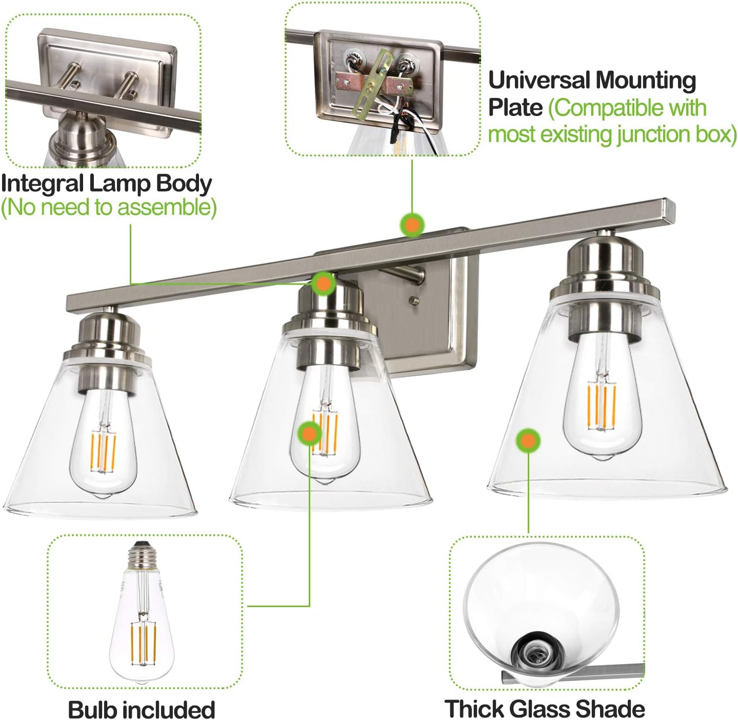 3-Light Vanity Light Fixture, 5-Piece All-in-One Bathroom Set (Led Edison Bulbs as Bonus), Brushed Nickel Wall Sconce Lighting with Glass Shads, ETL Listed - - 