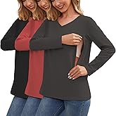 Ecavus Women's 3 Packs Nursing Tops Long Sleeve Hidden Zipper Breastfeeding Shirts V Neck Maternity Clothes