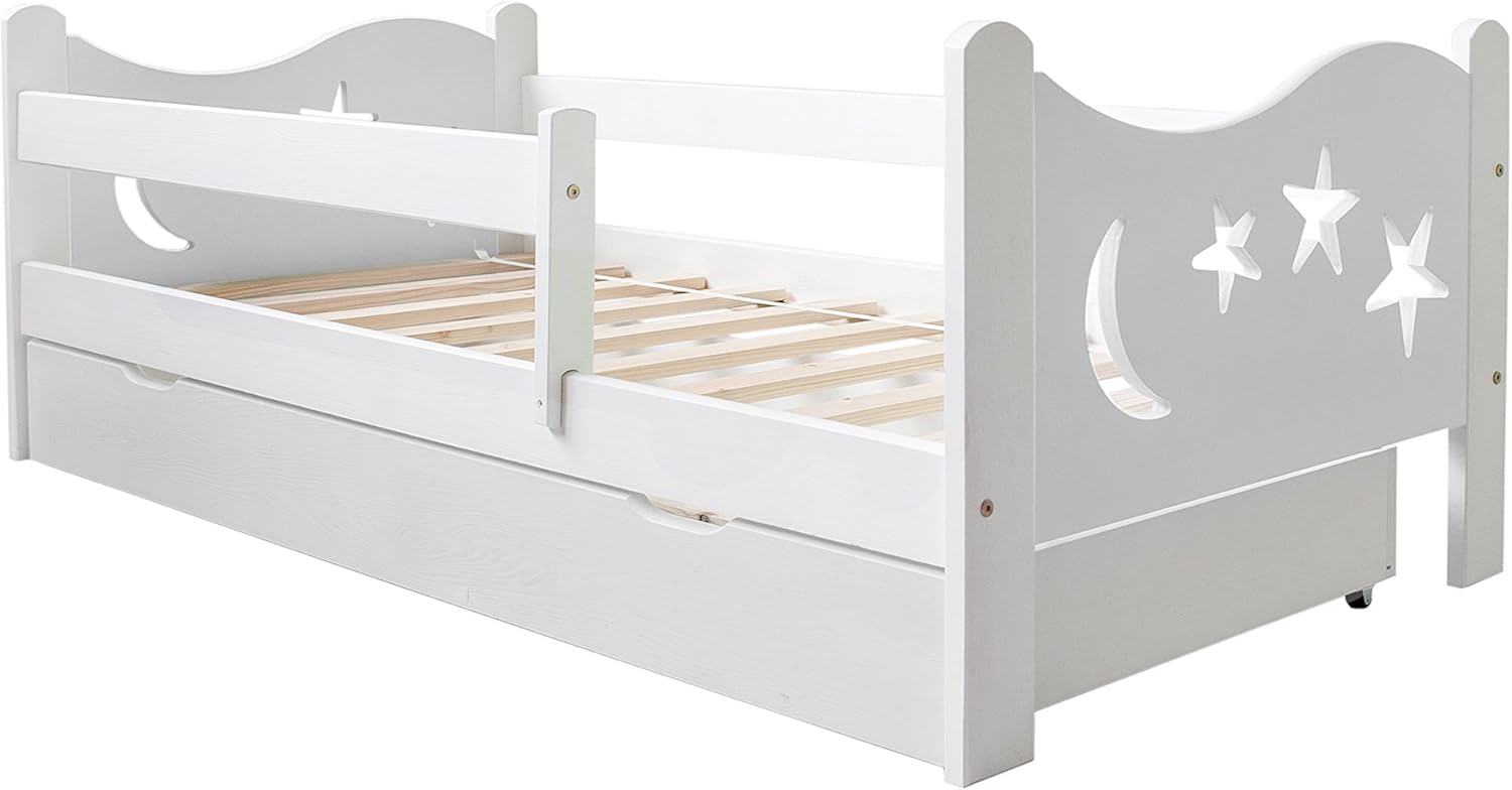 Katido Lit Bebe Bois Massif Lune Et Etoiles Blanc 140 X 70 Ou 160 X 80 Matelas Tiroir Sommier A Lattes Cuisine Maison Lits
