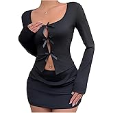 SweatyRocks Women's 2 Piece Going Out Outfits Bow Cut Out Long Sleeve Top and Bodycon Skirt Sets