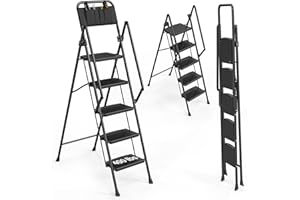 LUISLADDERS 5 Step Ladder with Handrails, Folding Step Stool with Widened Anti-Slip Pedal, 330lbs Lightweight Step Ladder 5 Step Folding, Multi-use for Home Kitchen Pantry Office, Black