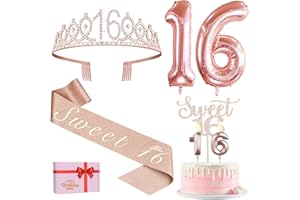 Sweet 16 Birthday Decorations for Girls, Including Sweet 16 Sash and Tiara, Cake Topper and Candles, Number Balloons Rose Gol