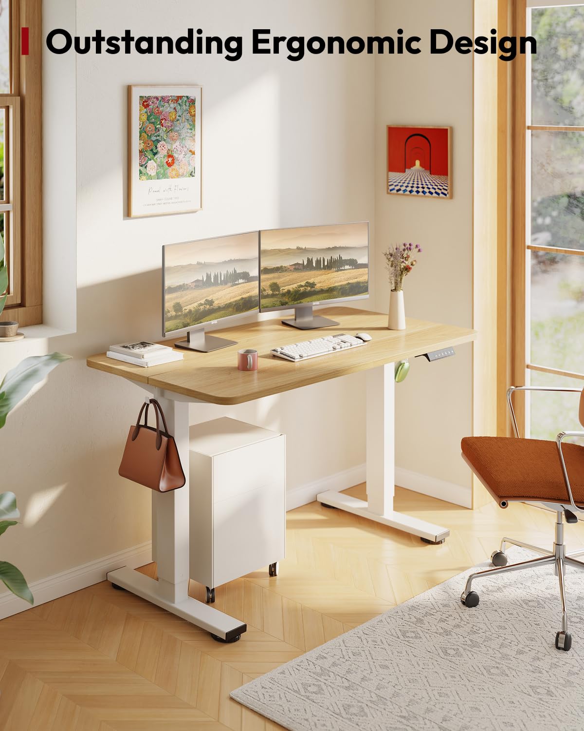 SANODESK Standing Desk Height Adjustable Electric 40x24 Inches Sit Stand Desk for Home Office Ergonomic with Splice Board Two Hooks, White Frame/Maple Top