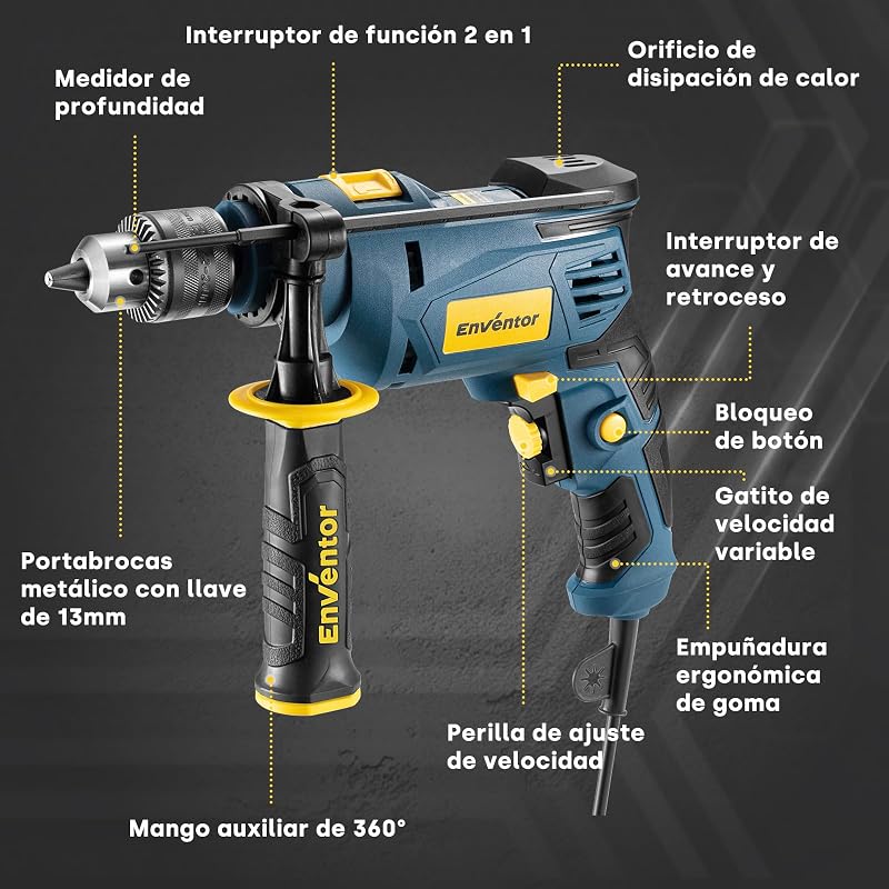 Taladro Percutor con Cable 750W, Mango Auxiliar de 360°