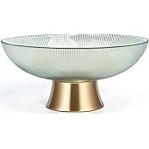 Round Glass Decorative Bowl (Green), 9.8 Inches Handblown Striped Design Glass Bowl with Rust Resistant Metal Base,Decor Fruit Bowl for Home Decor,Table Centerpiece,Kitchen Island and Dining Decor