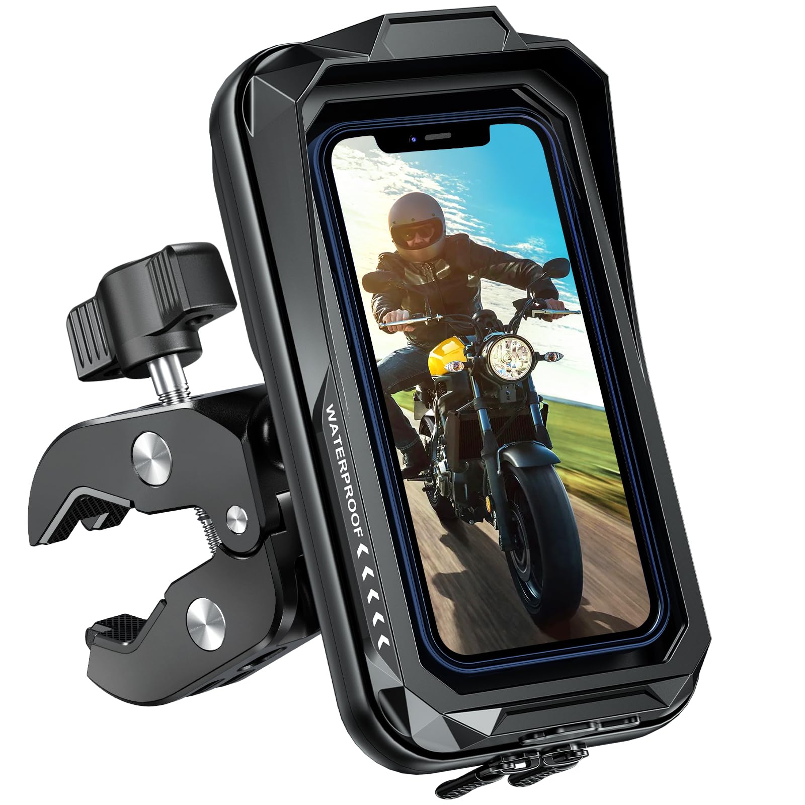 BTNEEU Motorcycle Phone Mount Waterproof 360° Rotatable Motorbike Phone Holder with Touch Screen Sun Visor Anti-Shake Motorcycle Mirror Phone Holder Moped Phone Mount for Phone up to 7.0'' (Black C)