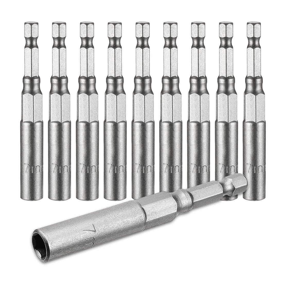 Sourcingmap 10 Pcs 1/4" Quick-Change Hex Shank 7mm Nut Setter Driver Drill Bit, 80mm Length, Metric No-Magnetic