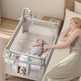 TinyGlow 4 in 1 Baby Bassinet, Pack and Play, Bedside Crib Sleeper, Diaper Changer, Quickly Assembled and Folded Portable Crib with Mattress and Mosquito Net, Easy to Carry