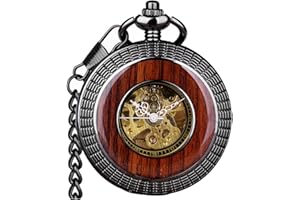 VIGOROSO Men's Hand-Wind Mechanical Pocket Watch Vintage Steampunk Wood Grain Hollow Design with Chain and Box