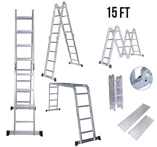 EQUAL Foldable and Adjustable Aluminium 4 x 4 Steps Super Ladder Cum Working Bench Table with Scaffolding Platform and Shelf, 15ft (Anodized Silver)