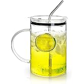 Koythin Glass Cups with Lids and Straws, Iced Coffee Cups with Lid for Tea Latte Juice Soda, High Volume Tumbler with Handle for Mom Women, Minimalist Glasses Water Bottles (Transparent Non-scaled)