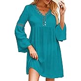 Falechay Swimsuit Coverup for Women Long Bell Sleeve Contrast Lace Bathing Suit Cover Up for Swimwear Bikini V Neck Loose