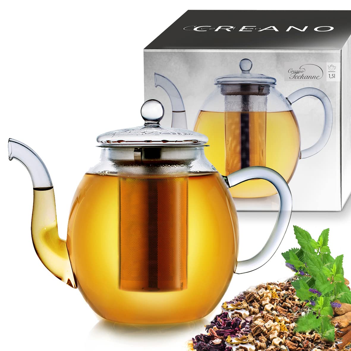 Creano Glass Teapot 1500ml - Stovetop Safe Tea Kettle with Stainless Steel Infuser and Glass Lid - Ideal for Preparing Loose Teas - Drip Free