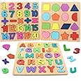 Wooden Puzzles for Toddlers, Wooden ABC Alphabet Number Shape Puzzles Toddler Learning Puzzle Toys for Kids 1-3 Years Old, 3 in 1 Early Education Letter Puzzle for Toddlers 2-4 Years Old