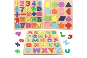YOHELLY Wooden Puzzles for Toddlers, Wooden ABC Alphabet Number Shape Puzzles Toddler Learning Puzzle Toys for Kids 1-3 Years Old, 3 in 1 Early Education Letter Puzzle for Toddlers 2-4 Years Old