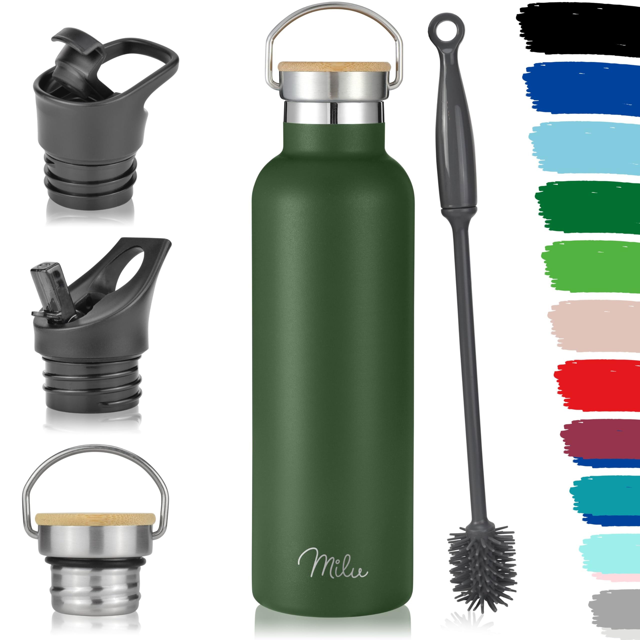 Milu Stainless Steel Drinking Bottle 350ml, 500ml, 750ml, 1l (+3 Lids) - Thermo Bottle with Straw, Water Bottle, for Hot, Cold & Carbonated Drinks (Olive Green, 750ml)