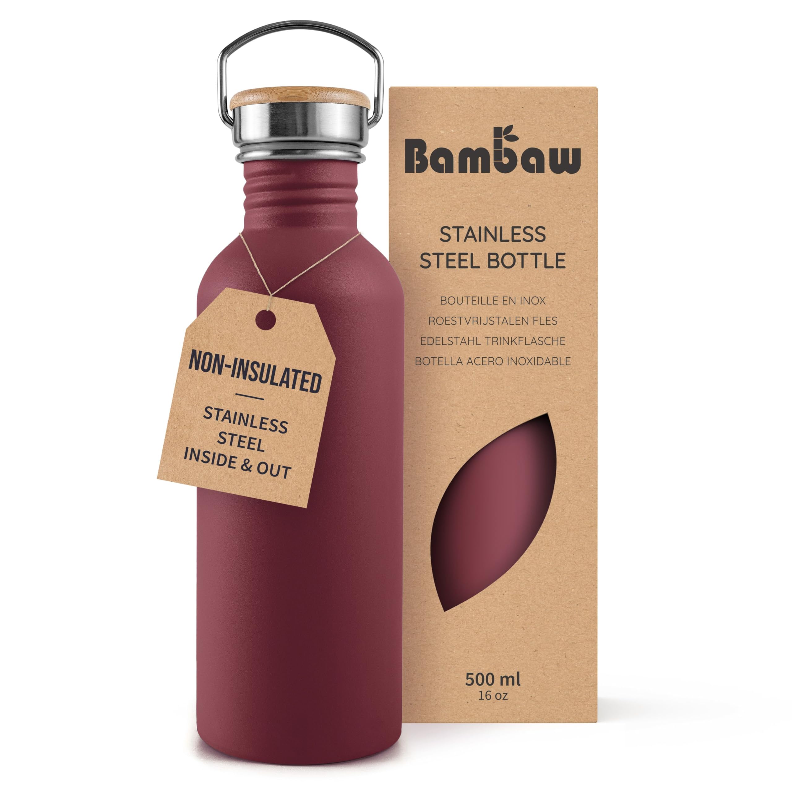 Bambaw Stainless Steel Water Bottle 500ml, Light Blue, Non-Insulated, Eco-Friendly, BPA Free, for Camping - Red Berry