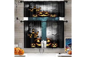 Culudea Halloween Spooky Horror Pumpkin Kitchen Curtains Bat House Tree Black Window Curtains Valance and Tier Set 36 Inch Rod Pocket Short Tier Curtain for Room, Cafe Kitchen Decor