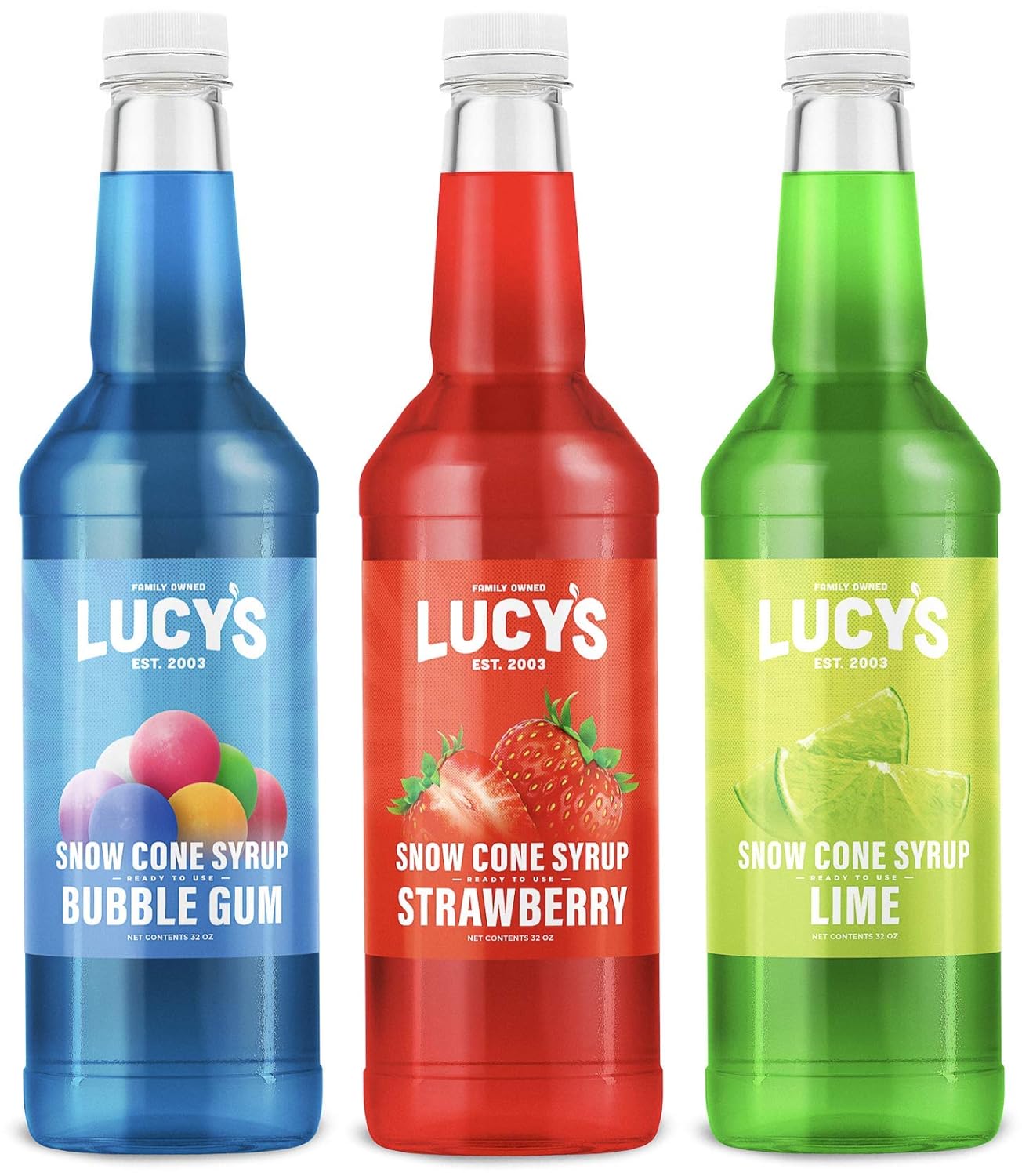 Lucy's Family Owned Shaved Ice Snow Cone Syrups - Bubble Gum, Strawberry, Lime - 32oz Syrup Bottles (Pack of 3) (Fiesta Pack)