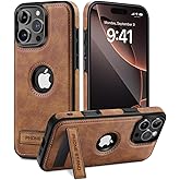 Hemduty for iPhone 16 Pro Max Leather Case, with Invisible Alloy Stand, Slim Logo View Protective Kickstand Phone Cover 2024 6.9 Inch (Brown)