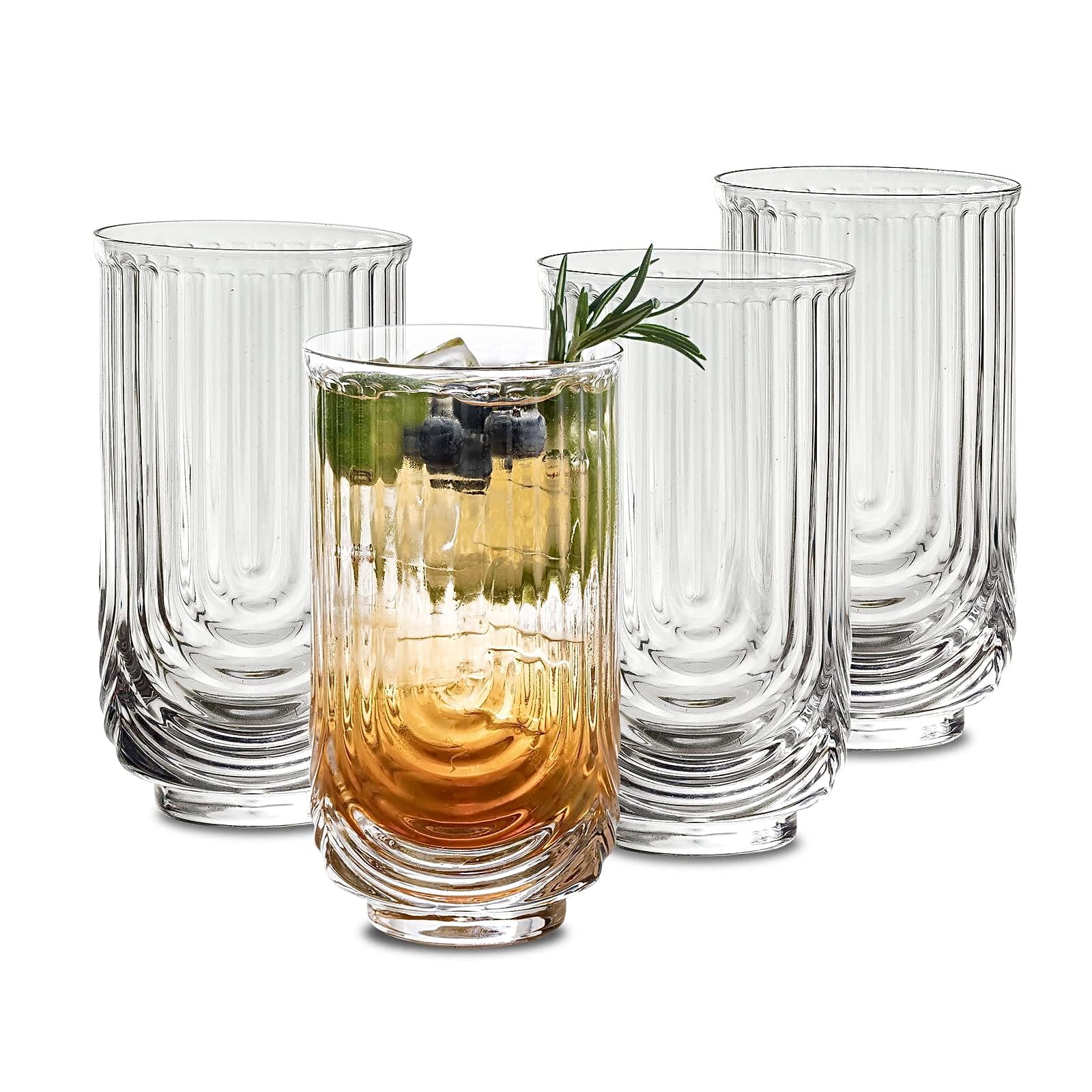 INSETLAN Art Deco Drinking Glasses | 410ml Set of 4 Vintage Highball Glasses with Straws | Dishwasher Safe | Cocktail Glasses, Pint High Balls Mojito Glasses | Durable Glass | Home, Kitchen & Parties