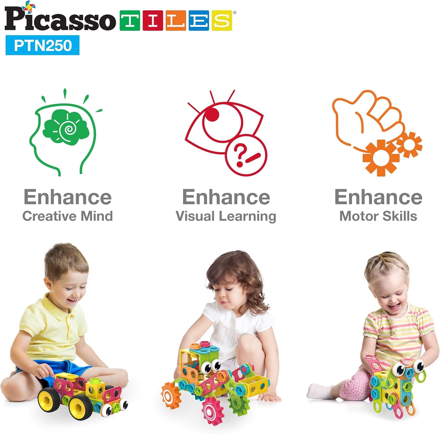 PicassoTiles STEM Learning Toys 250 Piece Building Block Kids Construction Engineering Kit Toy Blocks Children Early Education Playset w/Free IdeaBook, Power Drill, Clickable Ratchet, Age 3+ PTN250