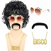 Bettecos 70s Disco Wigs for Men - Brown Curly 80s Mullet Wig for Halloween Costume Party Male Afro Funny Wigs with Glasses Necklace and Mustache (Black)