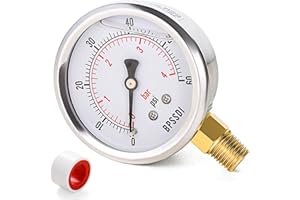 BPSSDI 0-60 Psi Glycerin Liquid Filled Low Pressure Gauge, 2.5" Dial Size, 1/4" NPT Lower Mount, 304 Stainless Steel Case, for Water Oil Air Pressure Test, Refrigeration Systems(Such as Evaporators)