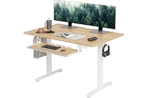 INNOVAR Electric Standing Desk, Solid Wood Adjustable Desk with Keyboard Tray, 48×24 Inch Stand up Home Office Desk with Whole-Piece Board, White Frame/Natural Top