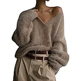 Yimoon Fuzzy Sweater for Women V Neck Long Sleeve Soft Chunky Pullover Sweater Loose Slouchy Fluffy Jumper Top