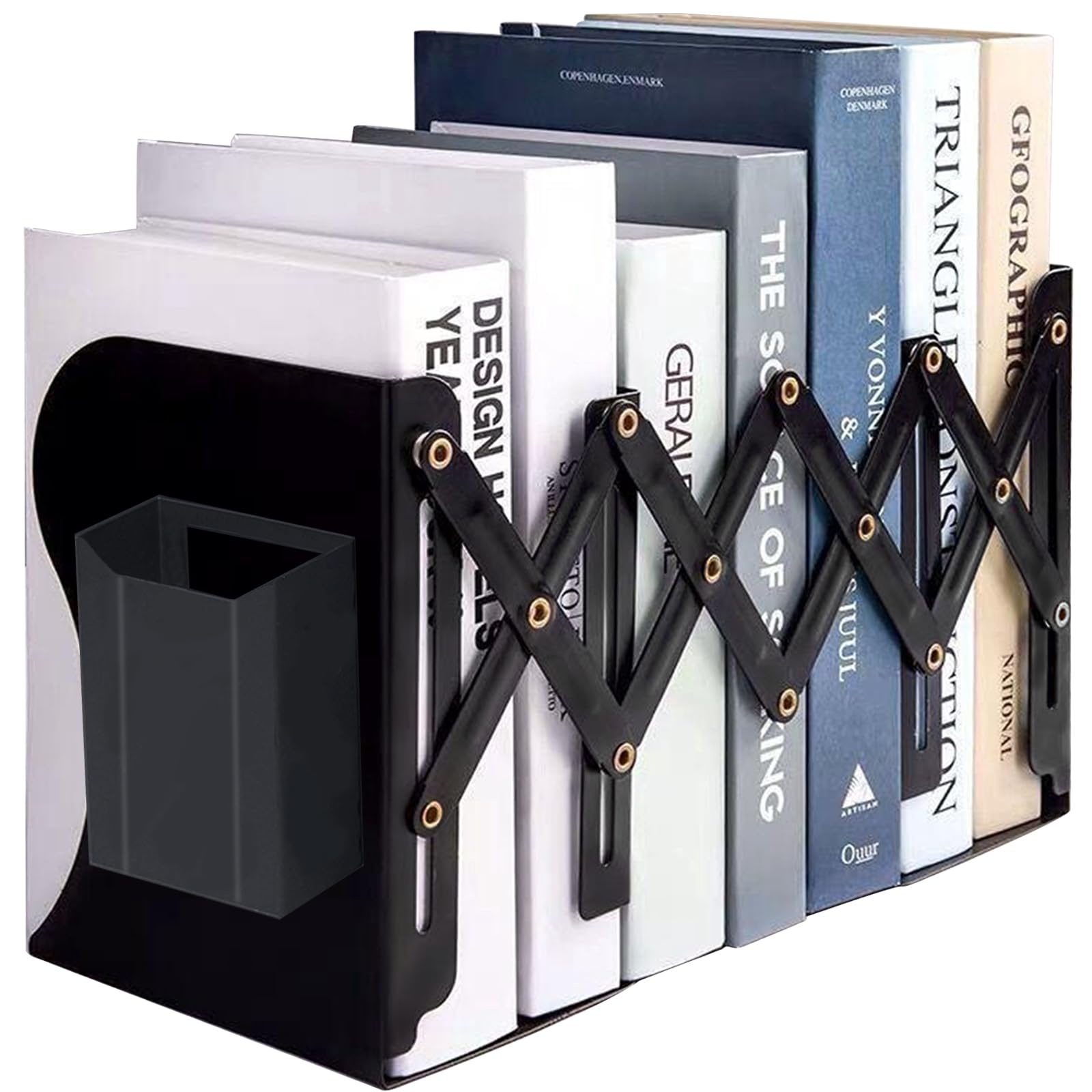Book Ends - Adjustable Metal Book Ends for Shelves, Heavy Duty Expandable Bookends,Desk Bookshelf Book Storage Stand Book Stopper Book Organizer Rack with Pen Holder for Kids Home Office School(Black)