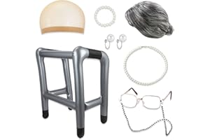 Yingzhao 8 Pcs 100th Day of School Grandma Costume for Women Old Lady Wig Costume Granny Costume Inflatable Walker for Kids