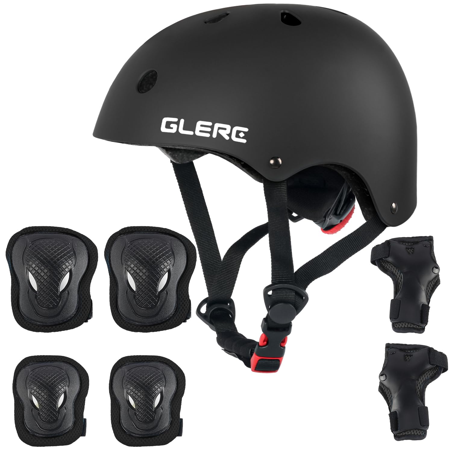 Glerc Kids Helmet Protective Gear Set, Knee Elbow Wrist Pads for Over 8 Years Old Boys Girls, Adjustable Skateboard Helmet Multi-Sportsfor Skateboard Roller Cycling Skating, Size M,Black