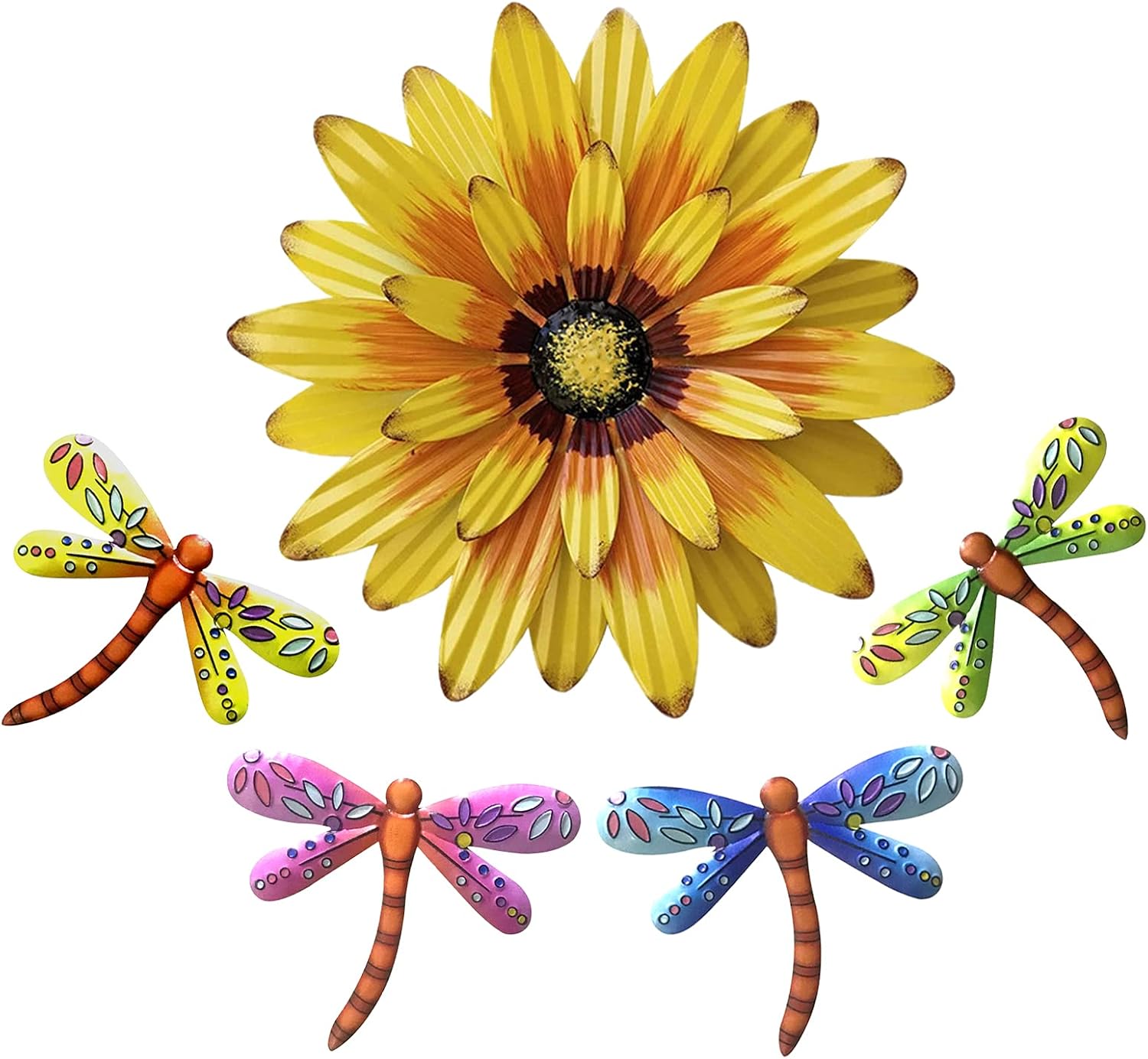 XIUDEEN Metal Flowers Outdoor Wall Decor, Set of 5 Flower & Dragonfly Metal Wall Art for Deck Decor, Garden Fence, Yard, Patio, Porch, Bedroom, Living Room, Indoor or Outdoor Decorations
