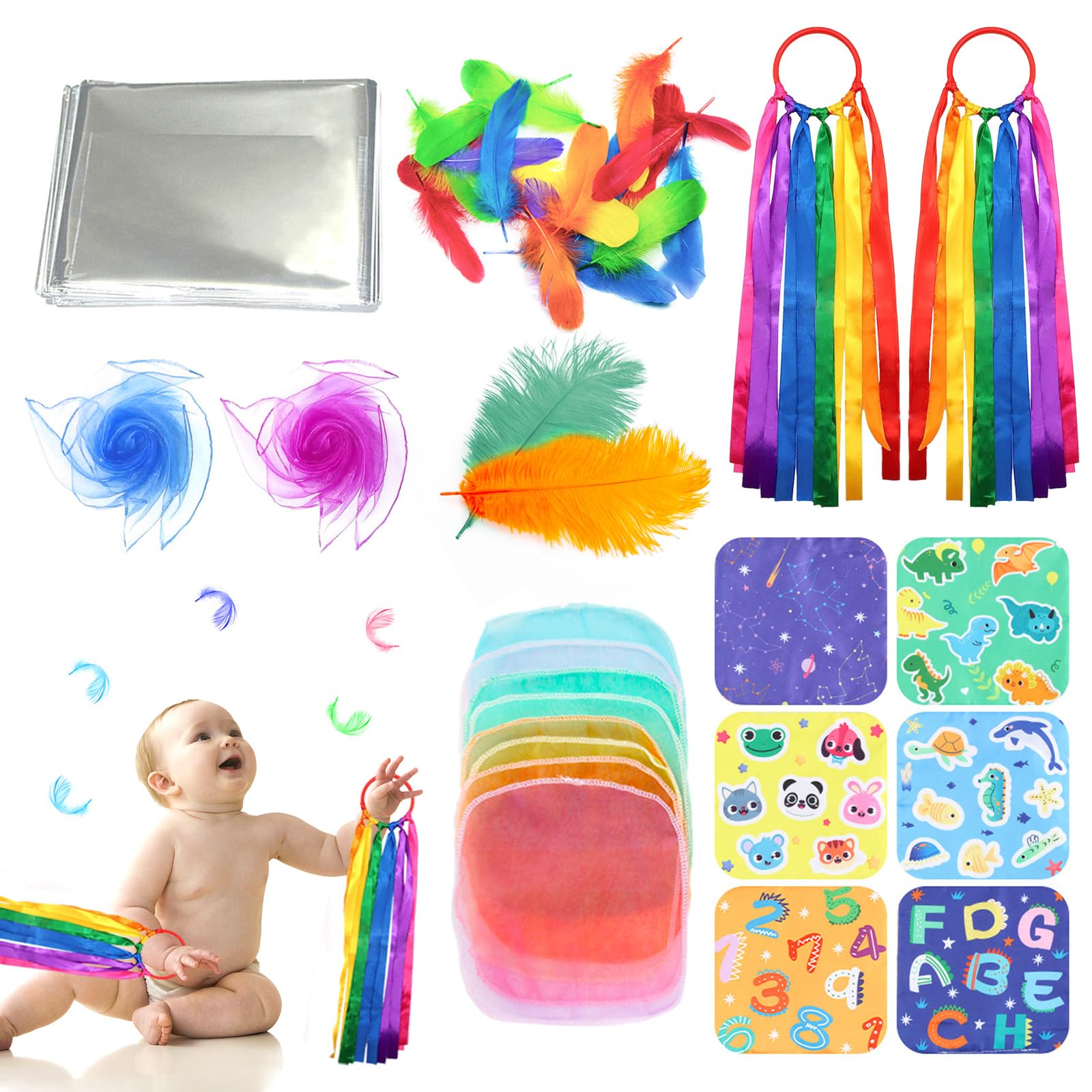 Xerteam Baby Sensory Set, Sensory Foil Blanket Baby Themed Crinkle Papers Rainbow Ribbon Rattle Toy for Babies, Newborn Sensory Toy Scarf Feathers for 0 3 6 9 12 Months (Multicolor)