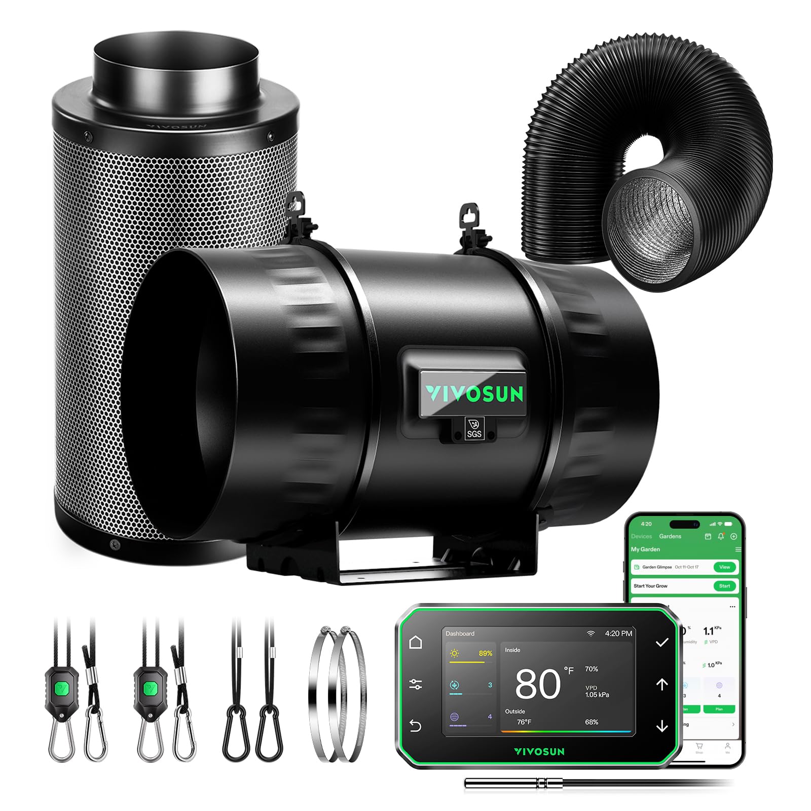 Photo 1 of VIVOSUN Smart Air Filtration PRO Kit 8", AeroZesh T8 Inline Duct Fan with GrowHub E42A+, Temperature Humidity Controller, Carbon Filter & Ducting Ventilation System for Grow Tent, Hydroponics