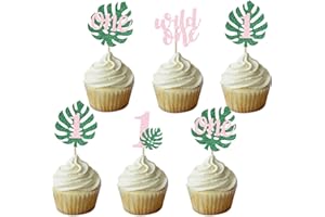 DOMOO OF DREAMS Safari Wild One Cupcake Topper Girls 1st Tropical Leaf Birthday Party Jungle Animals Decorations Pink 1