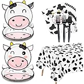 Cow Print Party Supplies - Cow Shape Plates, Pattern Napkins, Forks, Table Cover for Girl Boy Kid Birthday, Baby Shower, Farm Animal Theme Party (81)