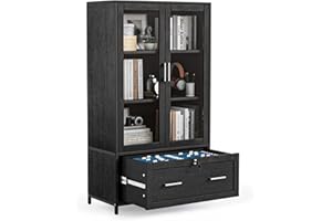 VINGLI Lateral File Cabinet with Glass Doors and Locking Drawer for Hanging File Folders, Bookshelf with Adjustable Shelves for Home Office (Black, 30''W x 16''D x 55''H)