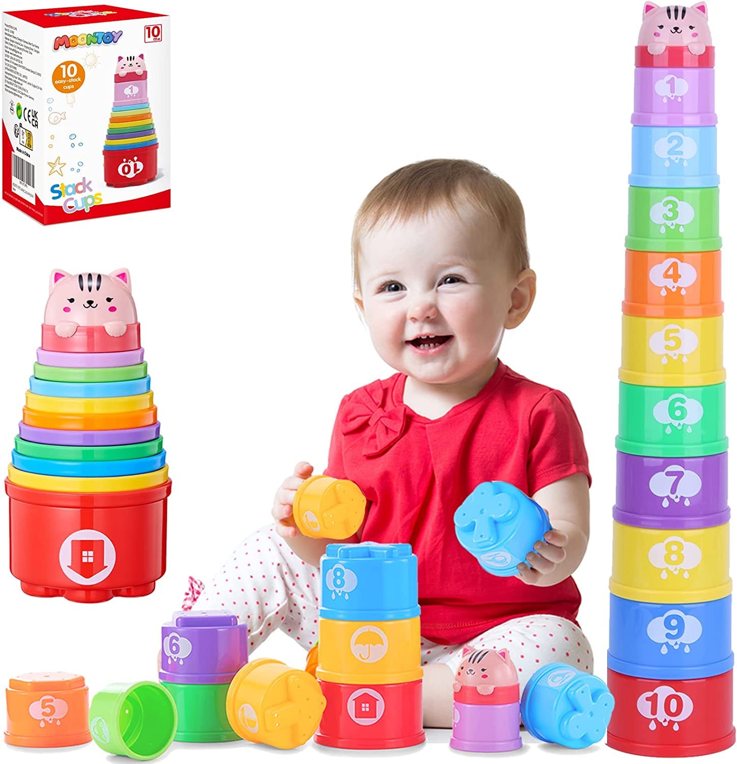 MOONTOY Baby Stacking Cups,11pcs Toddler Stacking Toys for 1 Year Old Boy & Girl, Infant Stackable Bath Toys with Numbers, Letters, Patterns, Development Educational Toys Gifts for 1 2 3 Years Old