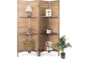 ECOMEX 4 Panel Room Divider with Shelves, 5.6Ft Tall Folding Partition Room Divider Wall Privacy Screen Room Dividers Room Divider with 3 Removable Storage Shelves, Retro Brown