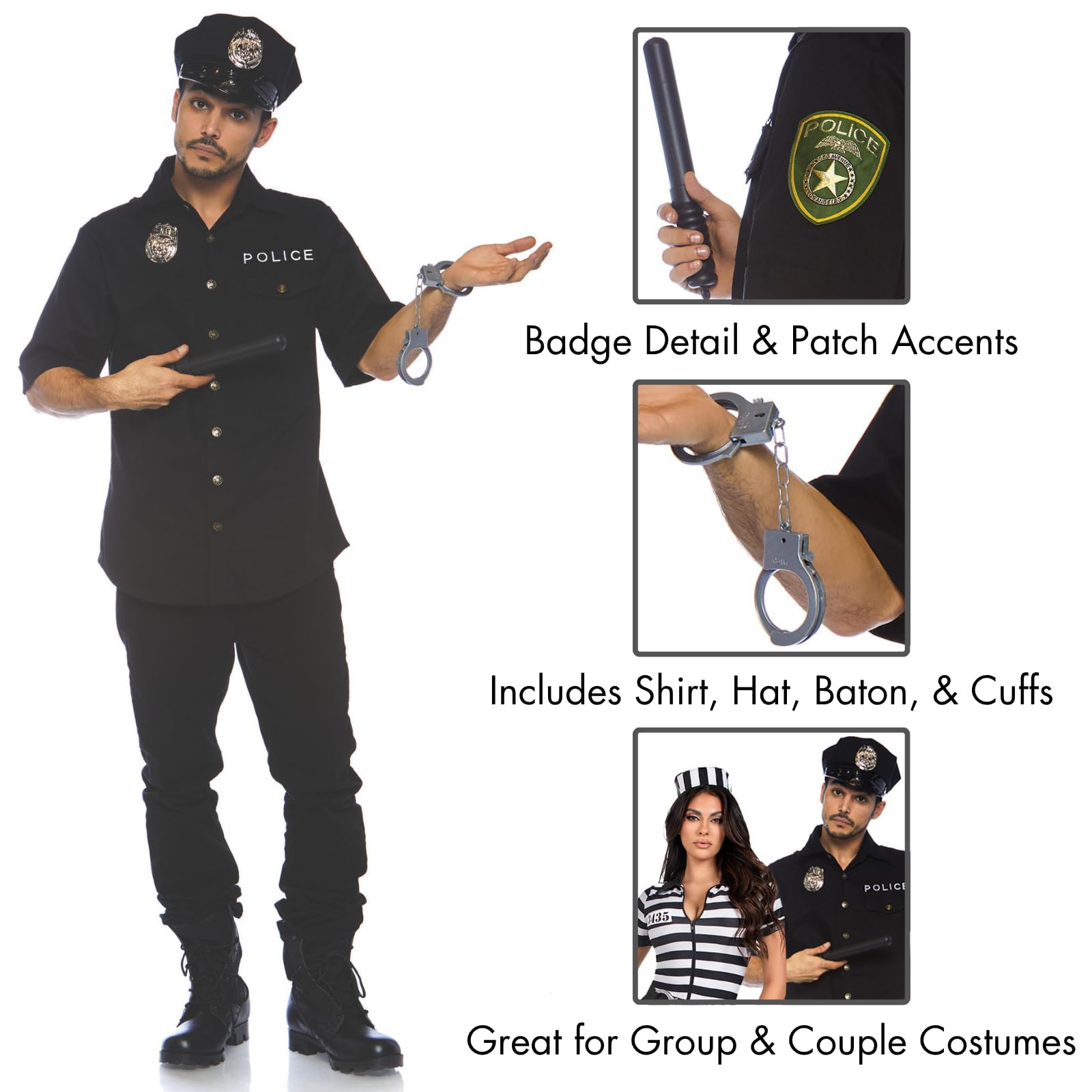Leg Avenue Men's 4 Pc Cuff 'Em Cop Costume with Shirt, Cuffs, Hat, Toy Baton