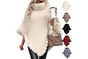 ZPLMIDE Women’s Faux Fur Trim Poncho Sweater Elegant Solid Color Cape Shawl Warm Cape Coat with Fuzzy Collar and Trim